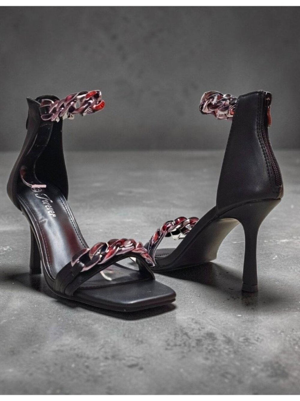 Black Heeled Sandals With Chain Details & Back Zipper Closure Square Toe Design